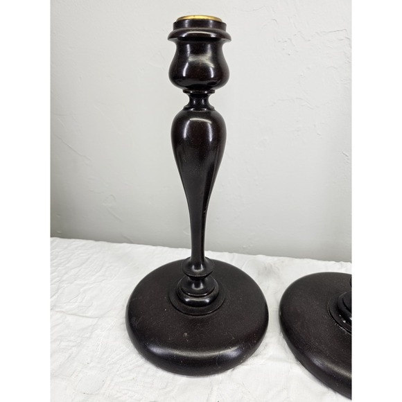 Antique 1900's Dark Wood Candlestick Holders Pair Ornate Brass Top Elegant - Picture 3 of 9